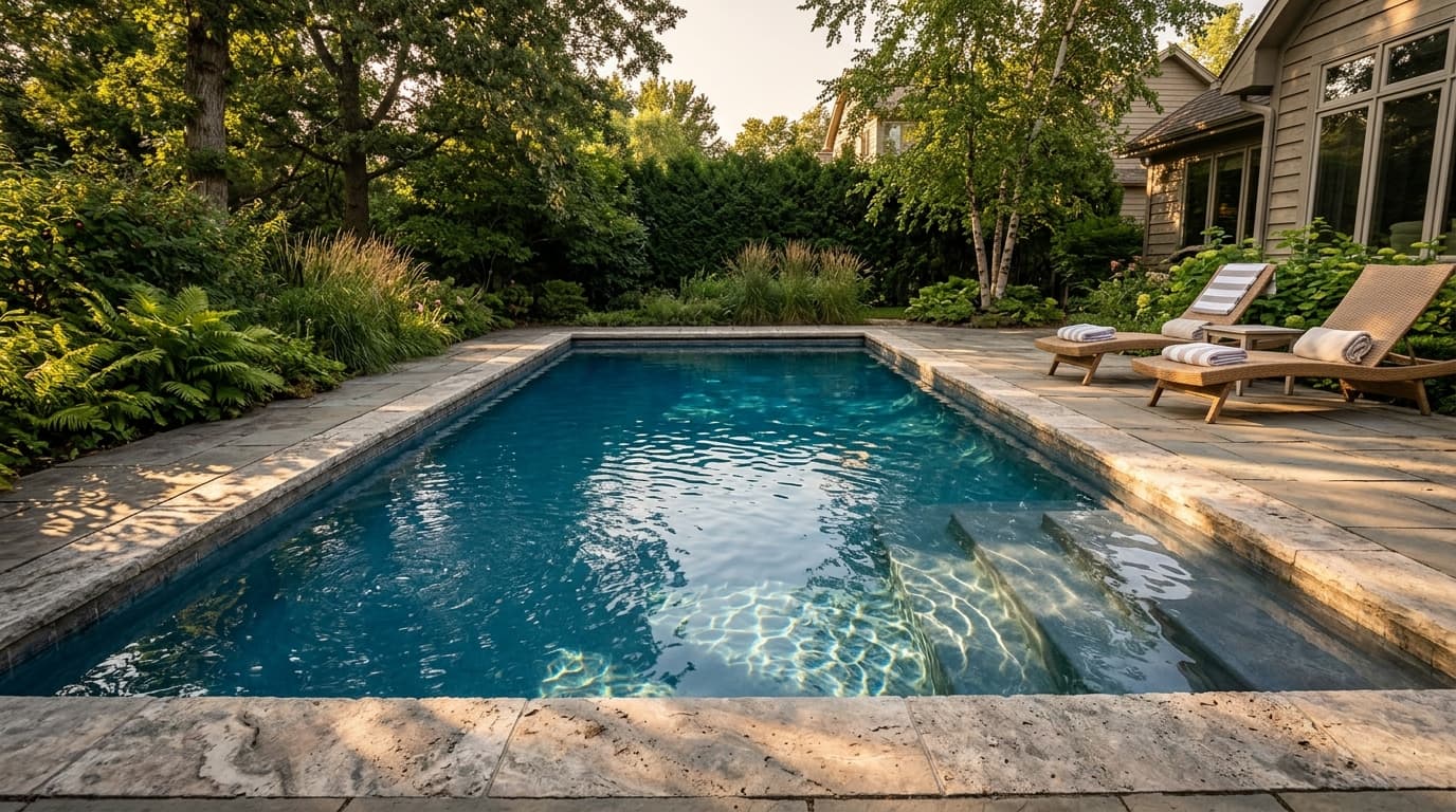 Technician equipped with tools in crystal clear pool with fountains